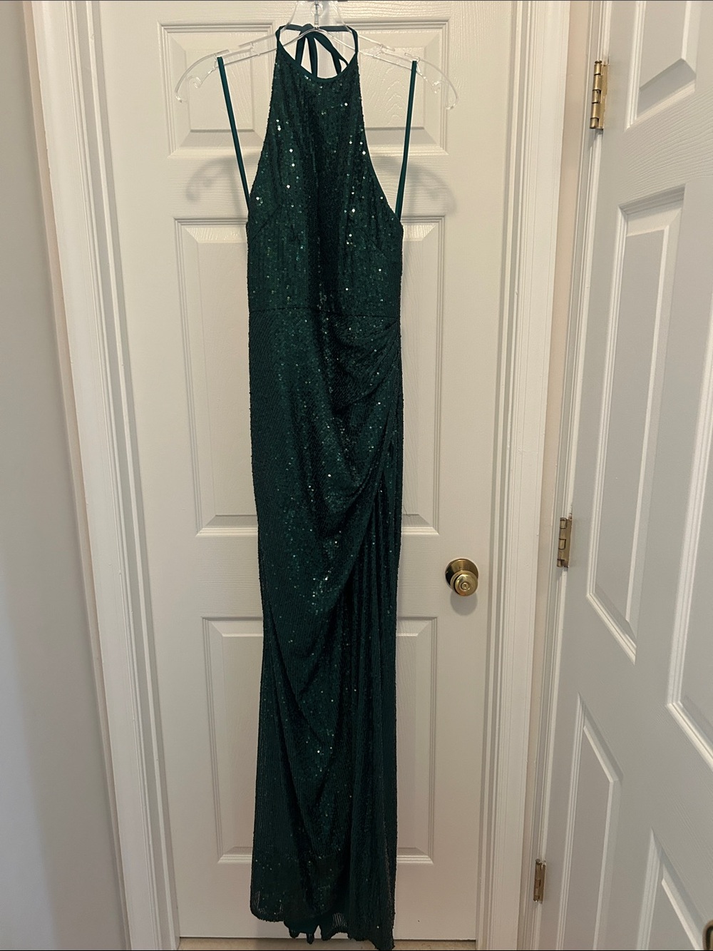Ieena for Macduggal Green Sequin Halter Evening Gown